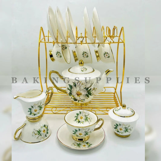 White Magnolia Gold Trim Floral Porcelain 18 Piece Tea Set with Metal Rack