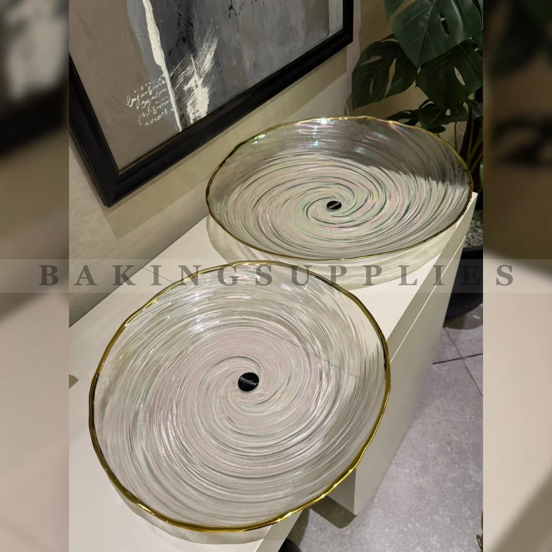 Moonlight Spiral Ceramic Platter with Gold Rim