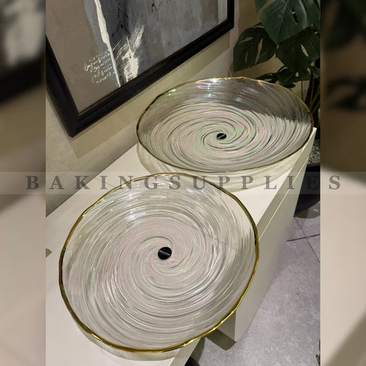 Moonlight Spiral Ceramic Platter with Gold Rim