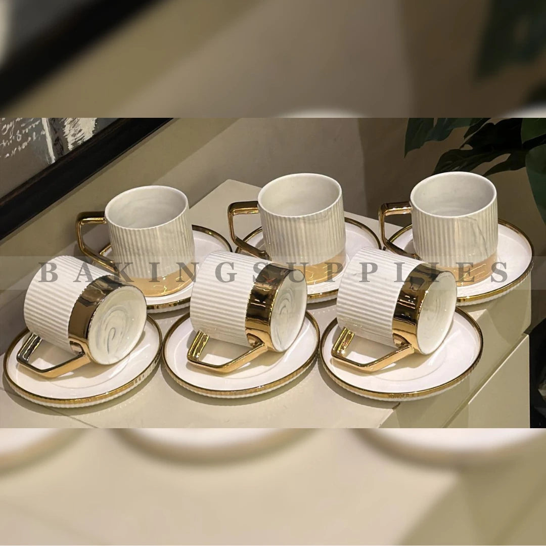 Luxury Ribbed Ceramic Cup & Saucer Set of 6