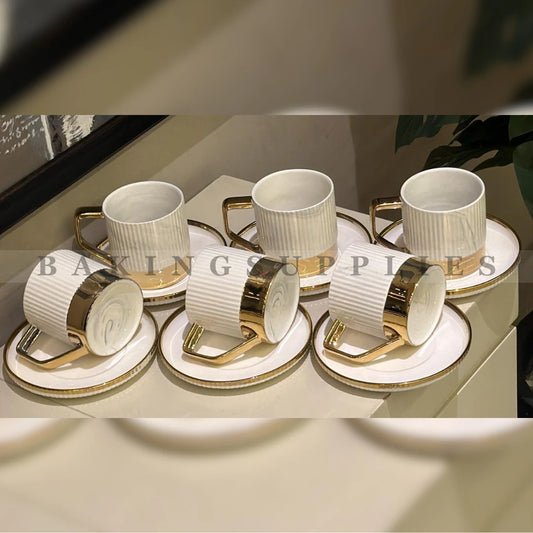 Luxury Ribbed Ceramic Cup & Saucer Set of 6