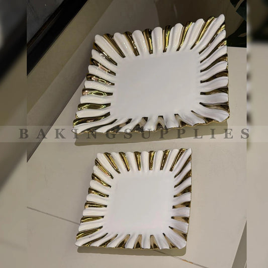 White & Gold Ceramic Cake Serving Set | 1 Large Cake Plate & 6 Dessert Plates