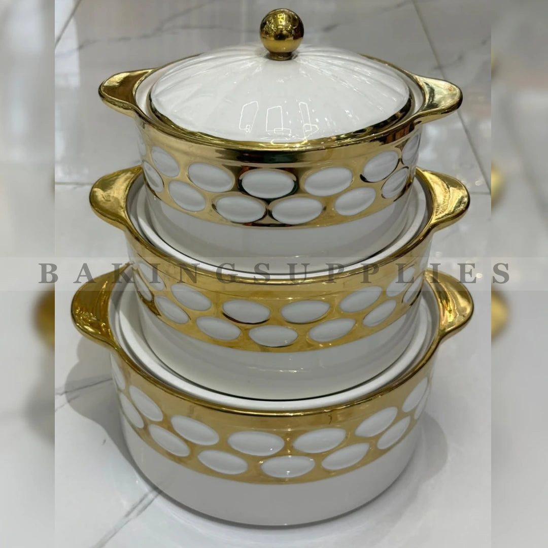 White & Gold Ceramic Casserole Set 3 Pieces