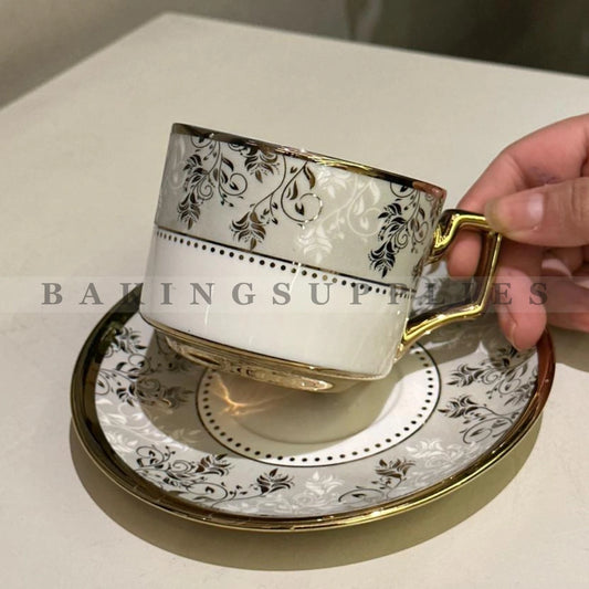 White & Gold Classic Floral Cup & Saucer Set 12 Pieces