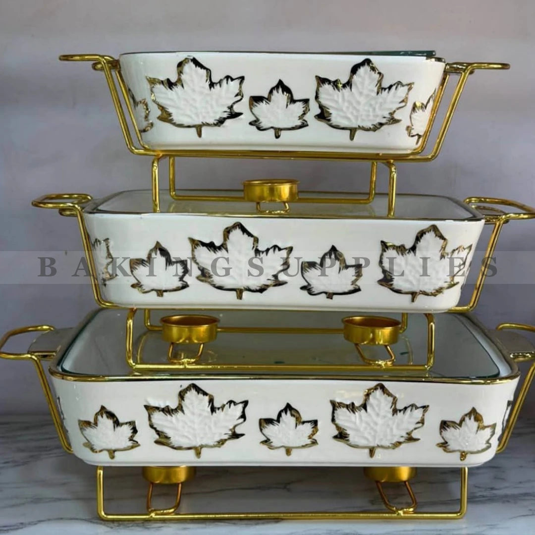 White & Gold Maple Leaf Chafing Dish Set of 3