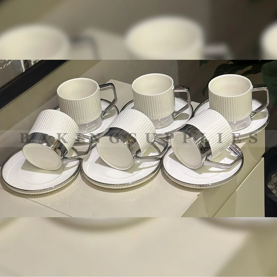 Luxury Ribbed Ceramic Cup & Saucer Set of 6