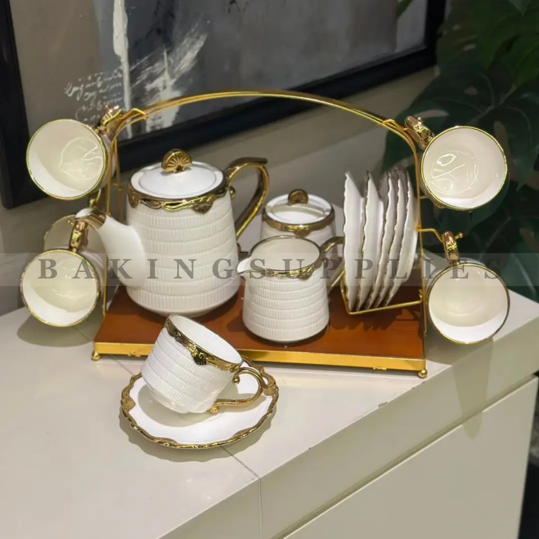 White Ceramic 16 Piece Tea Set with Wooden Stand