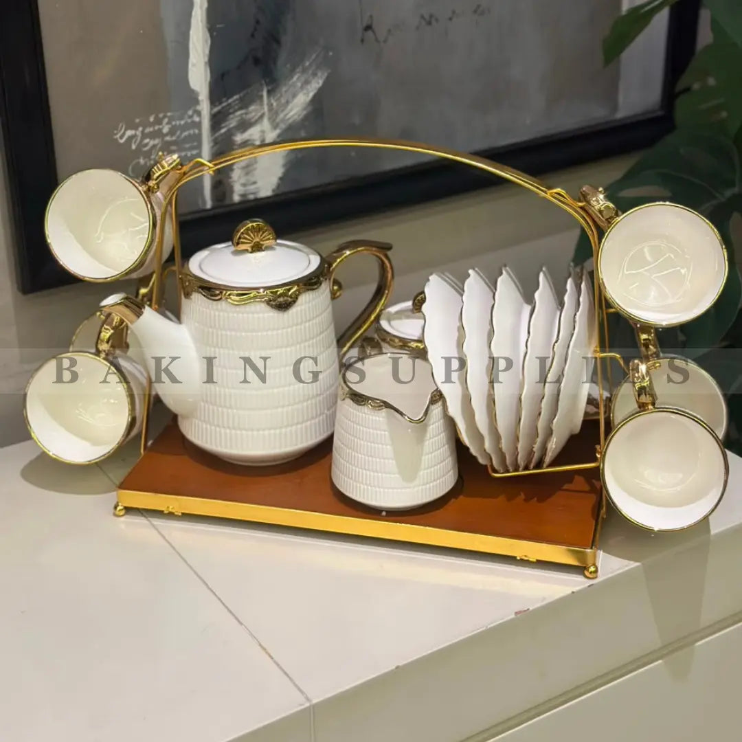 White Ceramic 16 Piece Tea Set with Wooden Stand