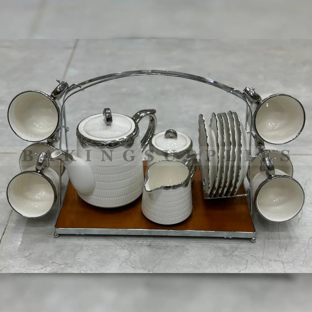 White Ceramic 16 Piece Tea Set with Wooden Stand