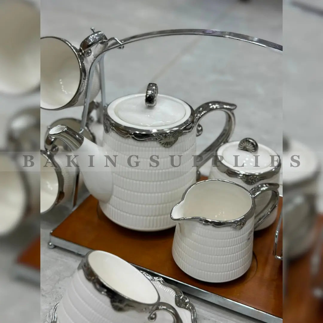 White Ceramic 16 Piece Tea Set with Wooden Stand
