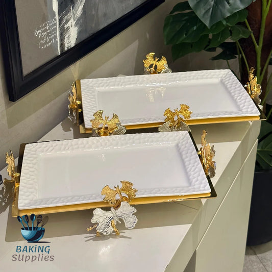 White & Gold Butterfly Rectangular Platter – Elegant Serving Tray