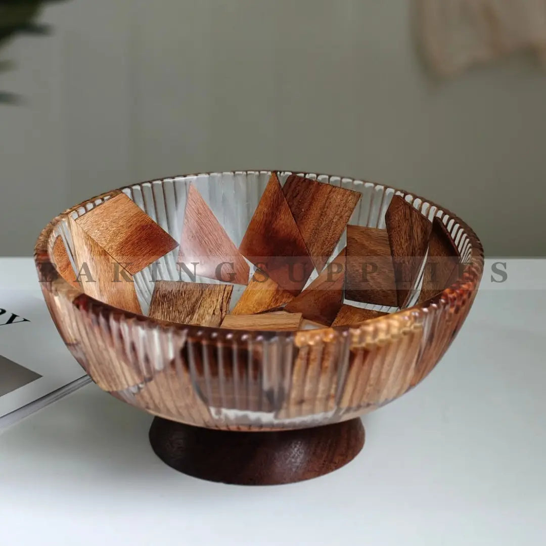 Wooden Mosaic Pedestal Glass Serving Bowl