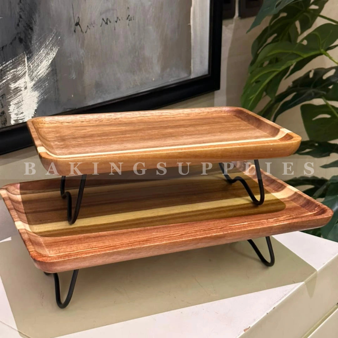 Wooden Serving Platter with Black Metal Stand