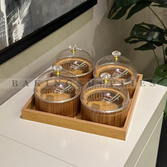 Wooden Dry Fruit Dish with Tray & Acrylic Lid – 4-Piece Set