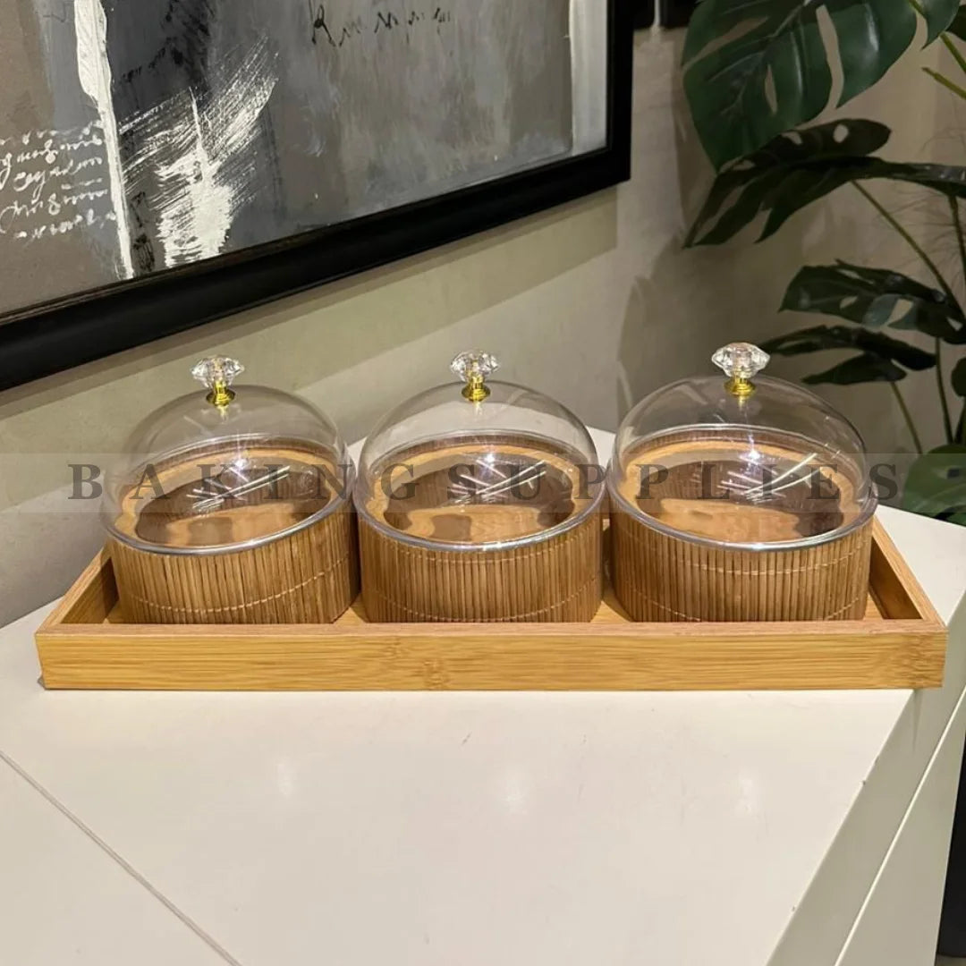 Wooden Dry Fruit Dish Set – Tray + Dish + Acrylic Lid (3-Piece)
