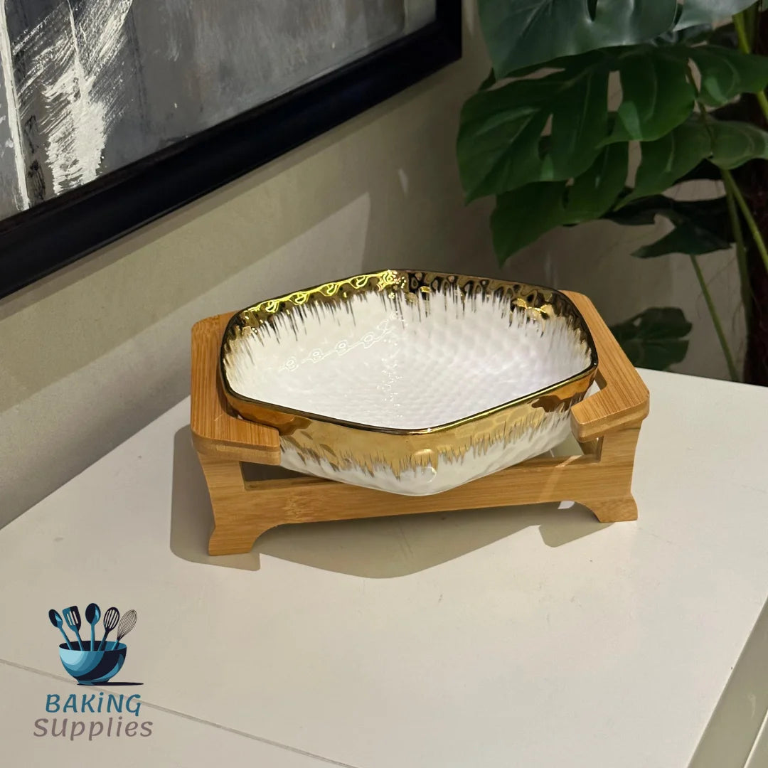 Wooden Stand Platter – White & Gold Finish (8″ Top)