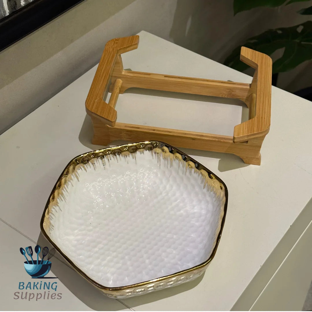 Wooden Stand Platter – White & Gold Finish (8″ Top)