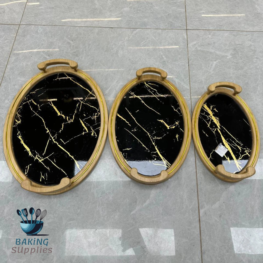 Oval Mirrored Black & Gold Tray Set of 3 – Luxe Oval Serveware Trio