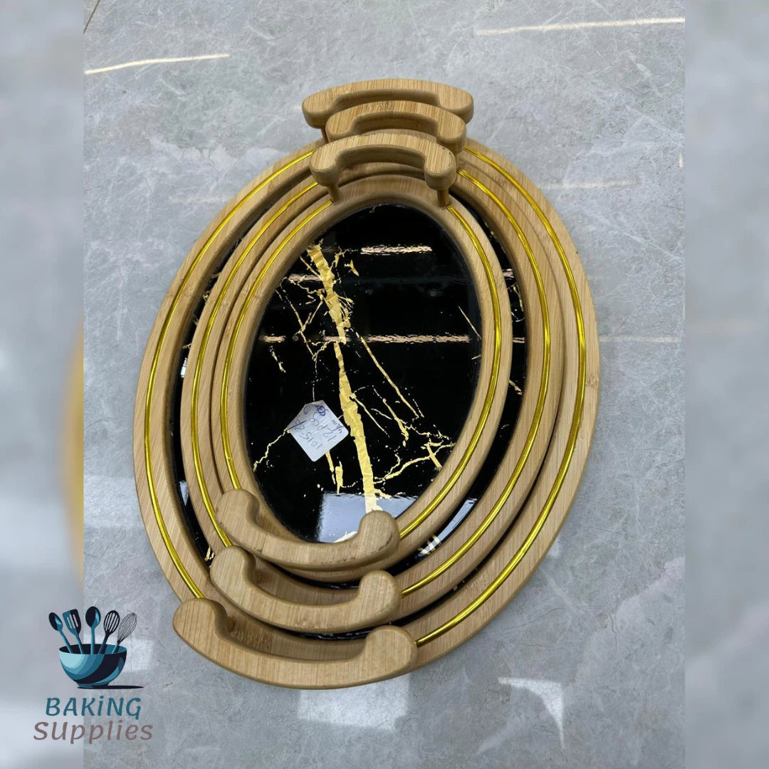 Oval Mirrored Black & Gold Tray Set of 3 – Luxe Oval Serveware Trio