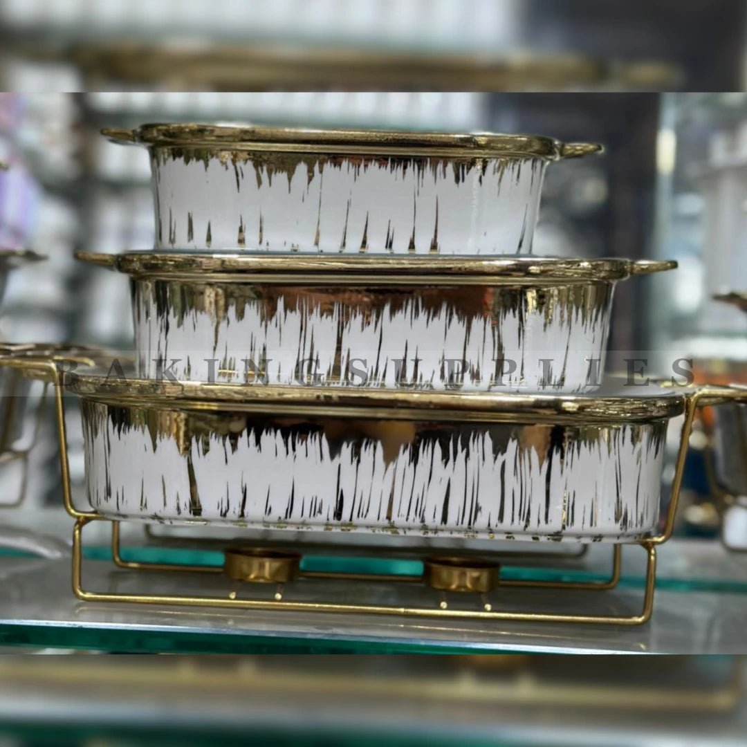 Set of 3 Chafing Dishes with Glass Lids & Gold Stand