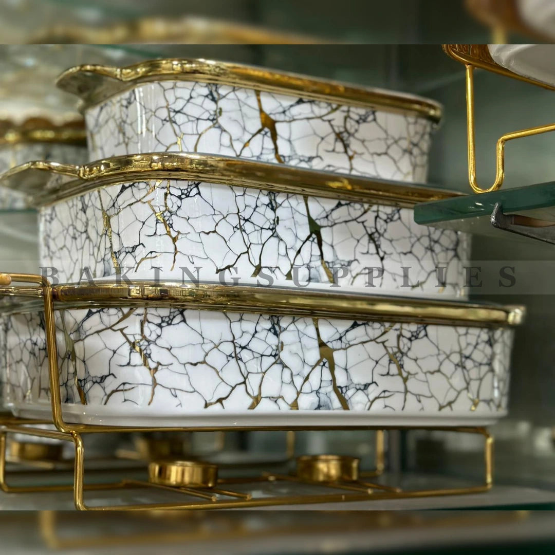 Set of 3 Chafing Dishes with Glass Lids & Gold Stand