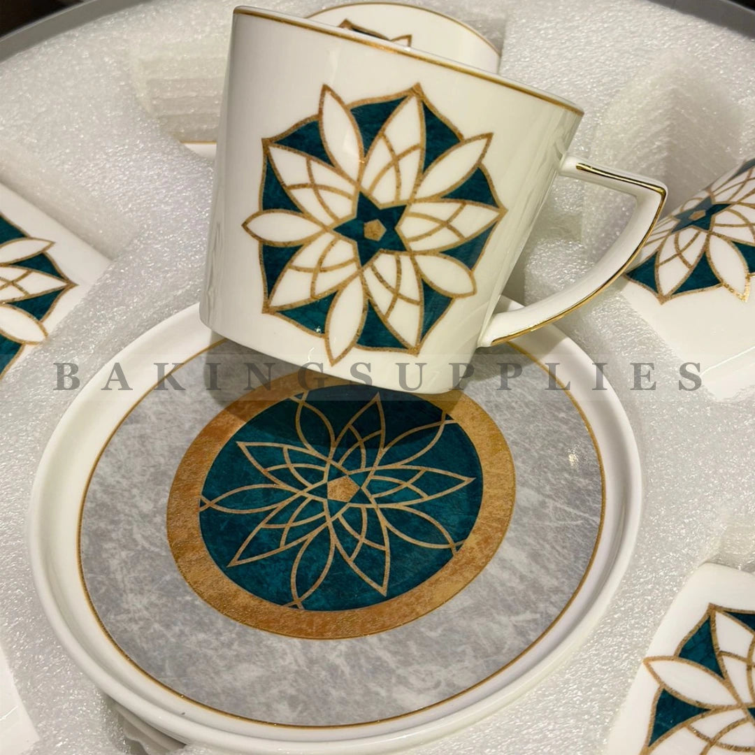 Angela Teal & Gold Geometric Cup & Saucer Set of 6
